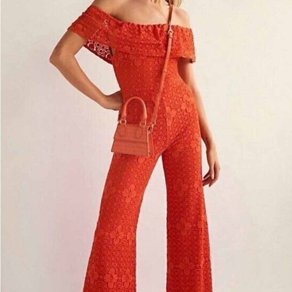 Nightcap Off-Shoulder Tangerine Lace Jumpsuit- Large- NWT